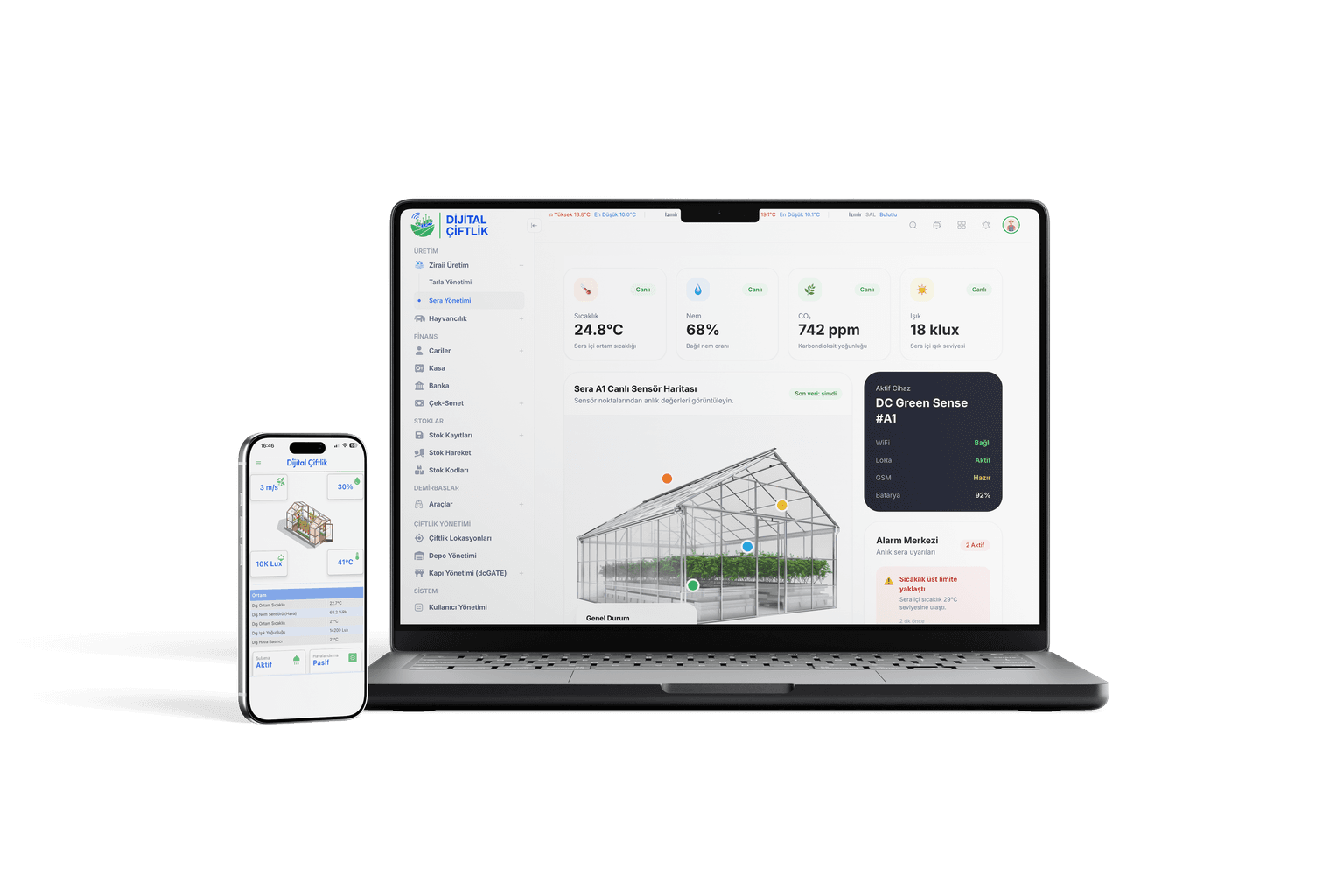 Green Sense sera takip sistemi web ve mobil panel ekranı